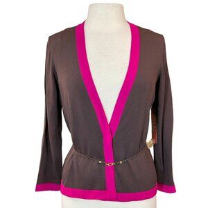 Anne Klein VTG Open Front Bracelet Sleeve Lt Wt Brown Pink Cardigan Belt Small